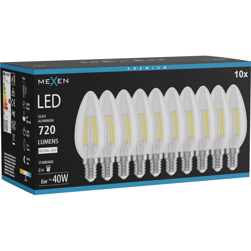 Mexen Vintis 10x LED siūlo lemputė E14, C35, 6W, Neutrali - 4000K, 720 lm, skaidri - L154-E14-0640-00x10