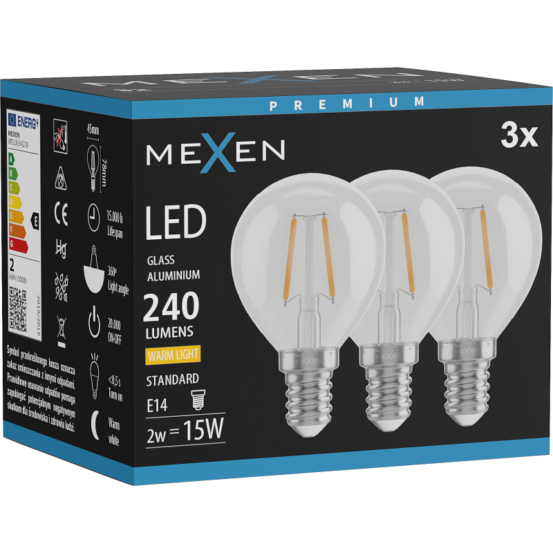 Mexen Vintis 3x LED filamentinė lemputė E14, G45, 2W, šilta - 2700K, 240 lm, skaidri - L156-E14-0227-00x03