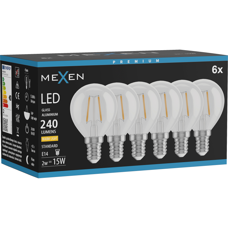 Mexen Vintis 6x LED siūlelių lemputė E14, G45, 2W, Šilta - 2700K, 240 lm, skaidri - L156-E14-0227-00x06