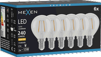 Mexen Vintis 6x LED siūlelių lemputė E14, G45, 2W, Šilta - 2700K, 240 lm, skaidri - L156-E14-0227-00x06