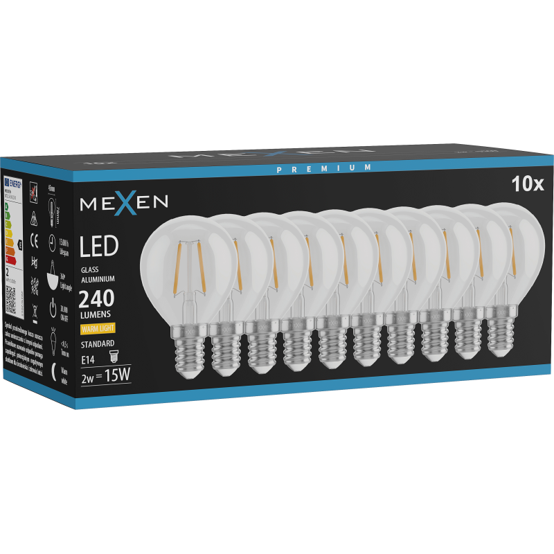 Mexen Vintis 10x LED filamentinė lemputė E14, G45, 2W, Šilta - 2700K, 240 lm, skaidri - L156-E14-0227-00x10
