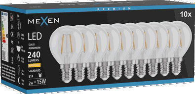 Mexen Vintis 10x LED filamentinė lemputė E14, G45, 2W, Šilta - 2700K, 240 lm, skaidri - L156-E14-0227-00x10