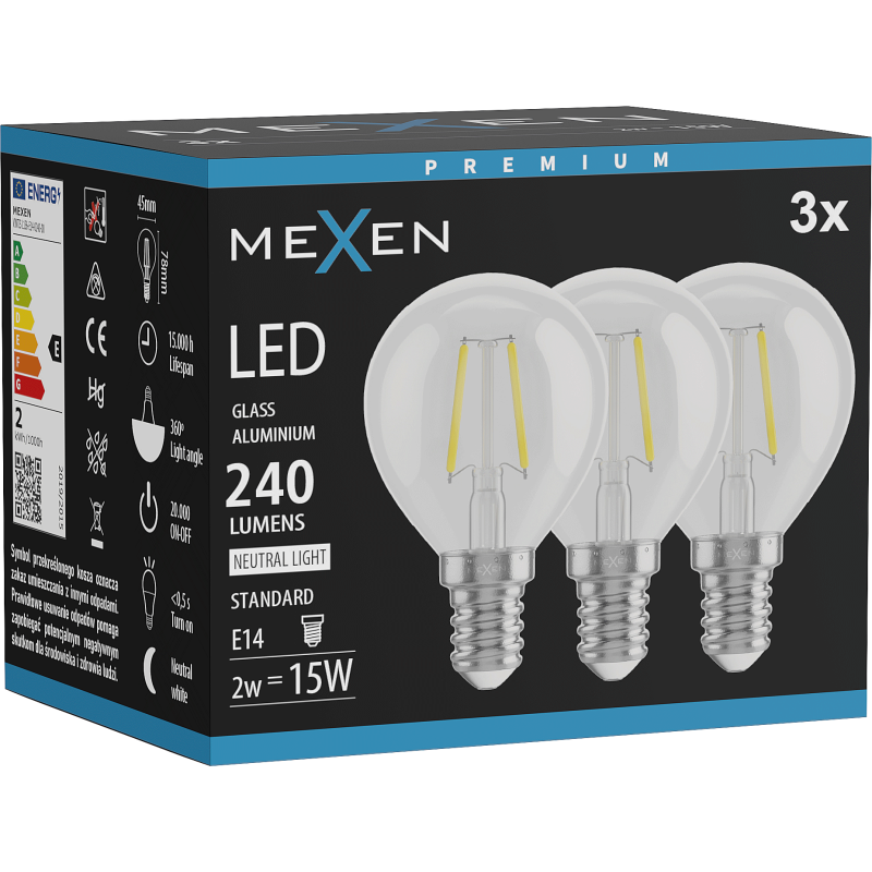 Mexen Vintis 3x LED kaitinimo elementas lemputė E14, G45, 2W, Neutralus - 4000K, 240 lm, skaidrus - L156-E14-0240-00x03