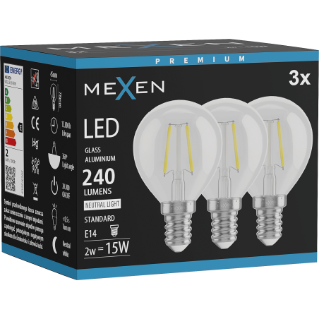 Mexen Vintis 3x LED kaitinimo elementas lemputė E14, G45, 2W, Neutralus - 4000K, 240 lm, skaidrus - L156-E14-0240-00x03