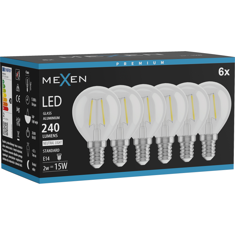Mexen Vintis 6x Gijų LED lemputė E14, G45, 2W, Neutrali - 4000K, 240 lm, skaidri - L156-E14-0240-00x06