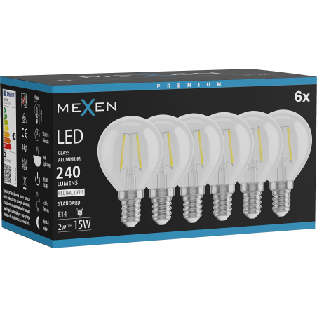 Mexen Vintis 6x Gijų LED lemputė E14, G45, 2W, Neutrali - 4000K, 240 lm, skaidri - L156-E14-0240-00x06