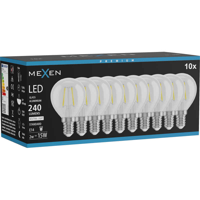 Mexen Vintis 10x lemputė filamentinė LED E14, G45, 2W, Neutrali - 4000K, 240 lm, skaidri - L156-E14-0240-00x10