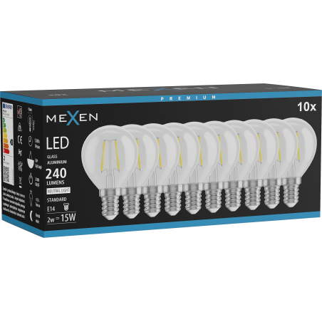 Mexen Vintis 10x lemputė filamentinė LED E14, G45, 2W, Neutrali - 4000K, 240 lm, skaidri - L156-E14-0240-00x10