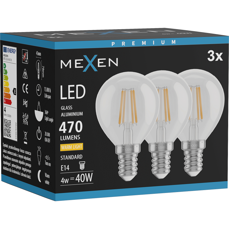 Mexen Vintis 3x LED kaitinamosios lemputės E14, G45, 4W, Šilta - 2700K, 470 lm, skaidri - L156-E14-0427-00x03