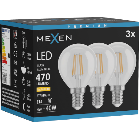 Mexen Vintis 3x LED kaitinamosios lemputės E14, G45, 4W, Šilta - 2700K, 470 lm, skaidri - L156-E14-0427-00x03