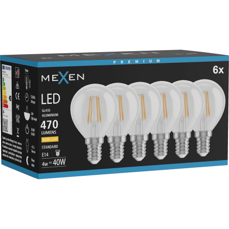 Mexen Vintis 6x LED gijų lemputė E14, G45, 4W, Šilta - 2700K, 470 lm, skaidri - L156-E14-0427-00x06