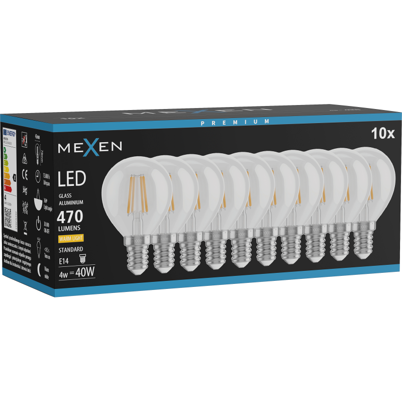 Mexen Vintis 10x LED filamentinė lemputė E14, G45, 4W, šilta - 2700K, 470 lm, skaidri - L156-E14-0427-00x10