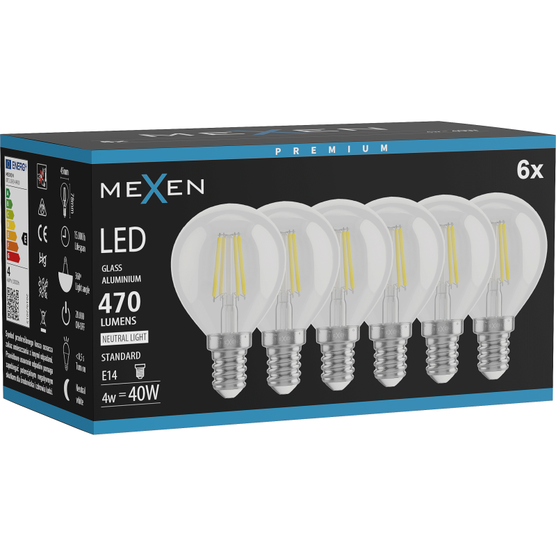 Mexen Vintis 6x LED filamento lemputė E14, G45, 4W, Neutralus - 4000K, 470 lm, skaidri - L156-E14-0427-00x06
