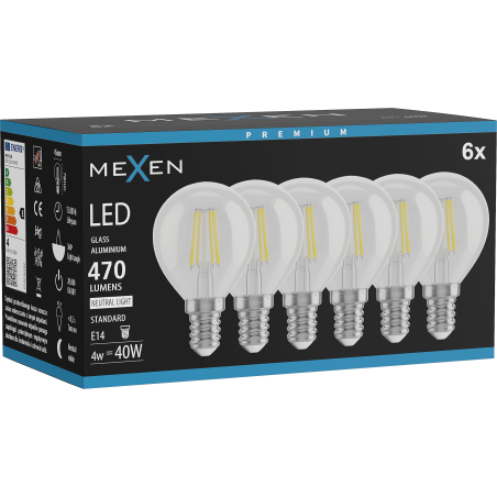Mexen Vintis 6x LED filamento lemputė E14, G45, 4W, Neutralus - 4000K, 470 lm, skaidri - L156-E14-0427-00x06
