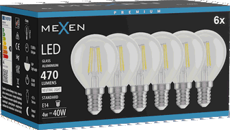 Mexen Vintis 6x LED filamento lemputė E14, G45, 4W, Neutralus - 4000K, 470 lm, skaidri - L156-E14-0427-00x06
