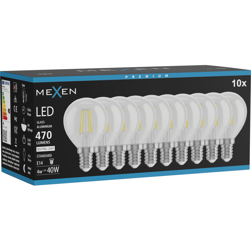 Mexen Vintis 10x LED siūlelio lemputė E14, G45, 4W, Neutrali - 4000K, 470 lm, skaidri - L156-E14-0427-00x10