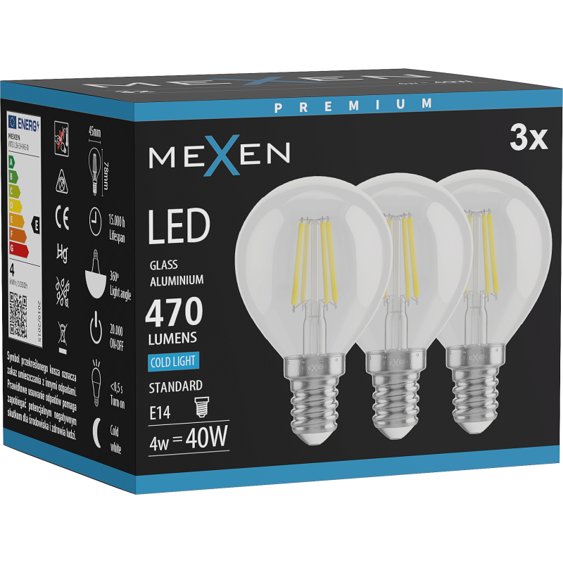 Mexen Vintis 3x LED kaitinamosios siūlelio lemputės E14, G45, 4W, Šalta - 6500K, 470 lm, skaidri - L156-E14-0465-00x03