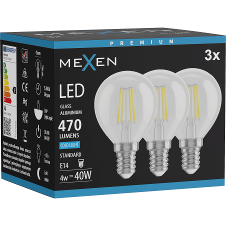 Mexen Vintis 3x LED kaitinamosios siūlelio lemputės E14, G45, 4W, Šalta - 6500K, 470 lm, skaidri - L156-E14-0465-00x03