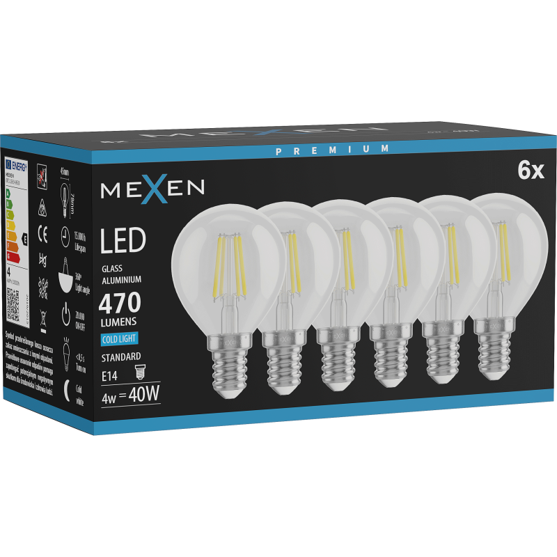 Mexen Vintis 6x Lemputė LED E14, G45, 4W, Šalta - 6500K, 470 lm, skaidri - L156-E14-0465-00x06