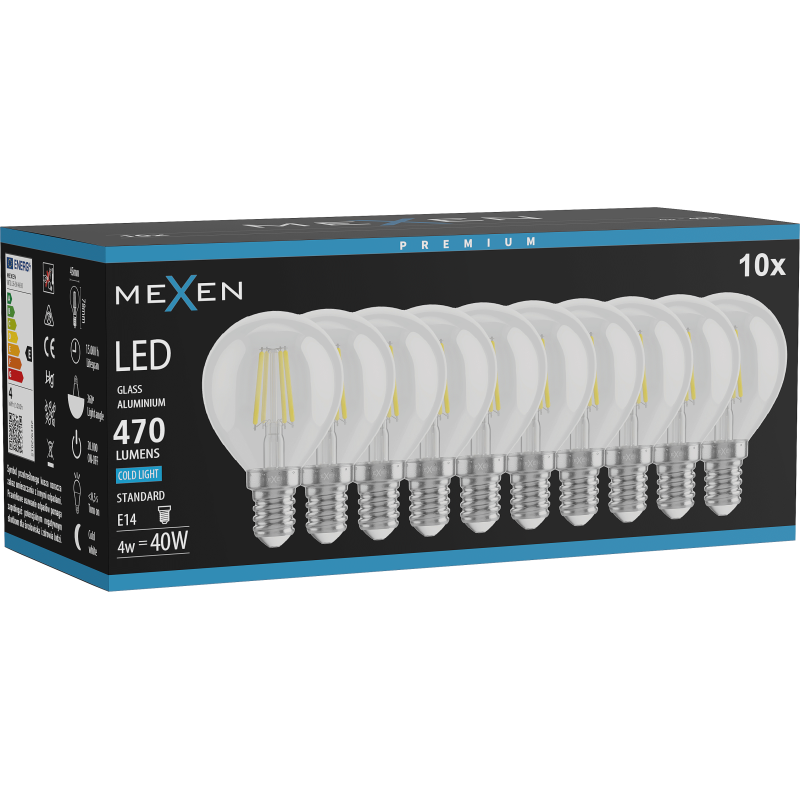 Mexen Vintis 10x LED gijų lemputė E14, G45, 4W, Šaltai balta - 6500K, 470 lm, skaidri - L156-E14-0465-00x10