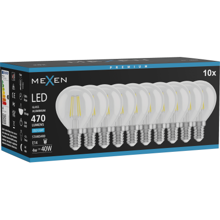 Mexen Vintis 10x LED gijų lemputė E14, G45, 4W, Šaltai balta - 6500K, 470 lm, skaidri - L156-E14-0465-00x10