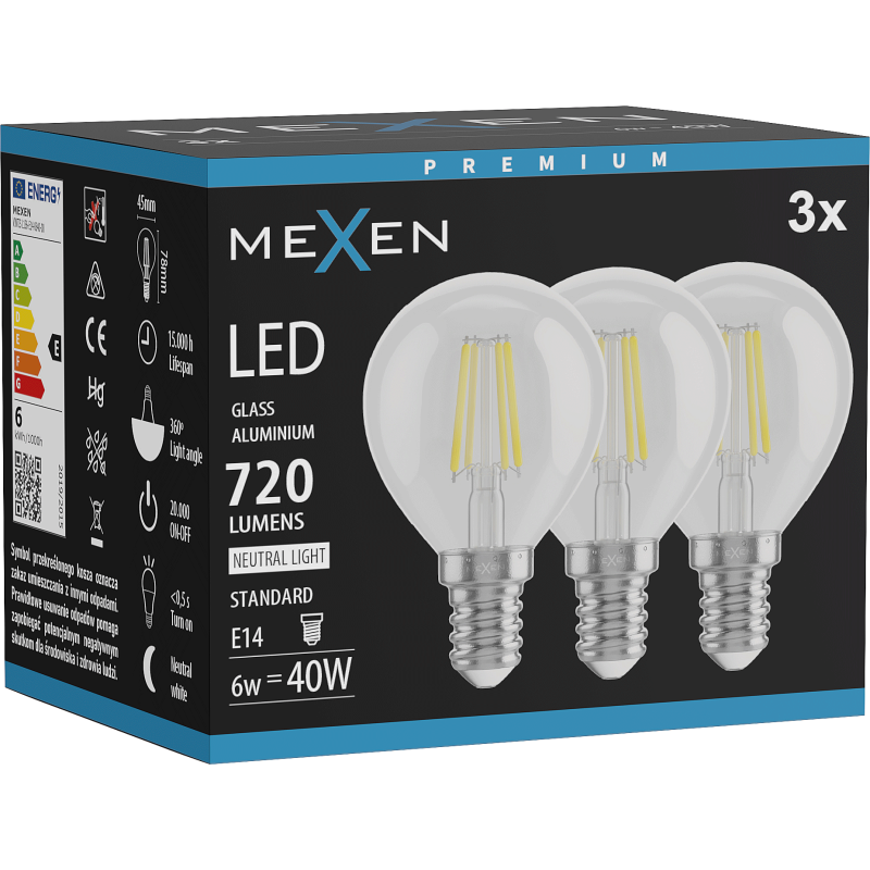 Mexen Vintis 3x LED gijų lemputė E14, G45, 6W, Neutrali - 4000K, 720 lm, skaidri - L156-E14-0640-00x03