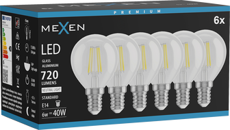 Mexen Vintis 6x LED filamentinė lemputė E14, G45, 6W, Neutralus - 4000K, 720 lm, skaidri - L156-E14-0640-00x06