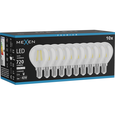 Mexen Vintis 10x LED siūlelio lemputė E14, G45, 6W, Neutralus - 4000K, 720 lm, skaidrus - L156-E14-0640-00x10