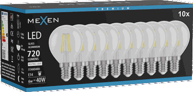 Mexen Vintis 10x LED siūlelio lemputė E14, G45, 6W, Neutralus - 4000K, 720 lm, skaidrus - L156-E14-0640-00x10