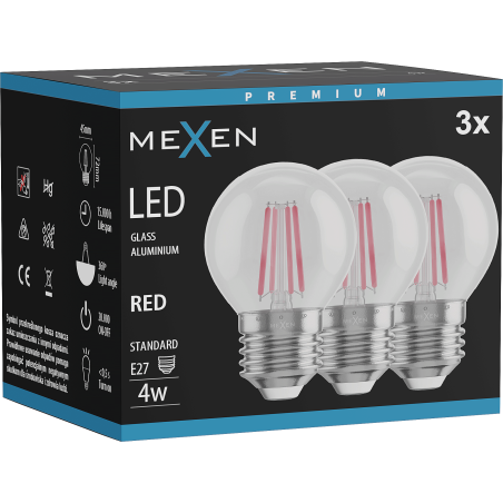 Mexen Vintis 3x LED kaitrinė lemputė E27, G45, 4W, 55 lm, raudona - L156-E27-04XX-45x03