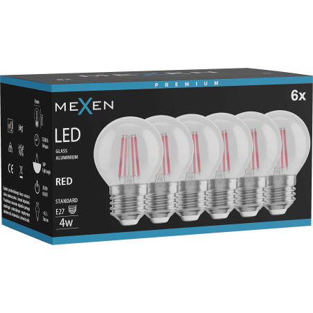 Mexen Vintis 6x LED filamento lemputė E27, G45, 4W, 55 lm, raudona - L156-E27-04XX-45x06