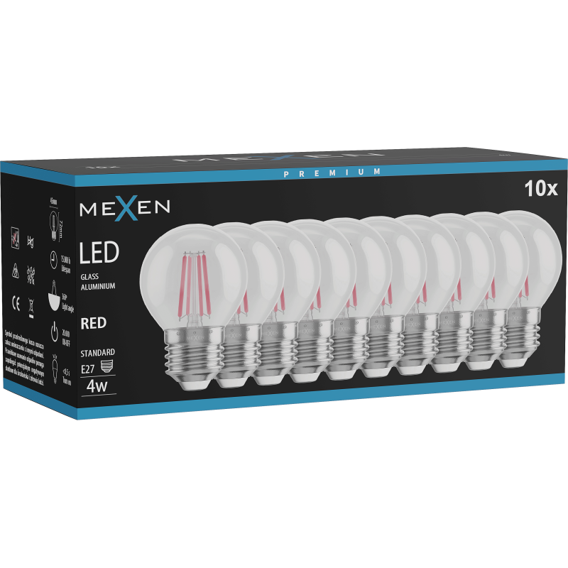 Mexen Vintis 10x LED siūlinė lemputė E27, G45, 4W, 55 lm, raudona - L156-E27-04XX-45x10