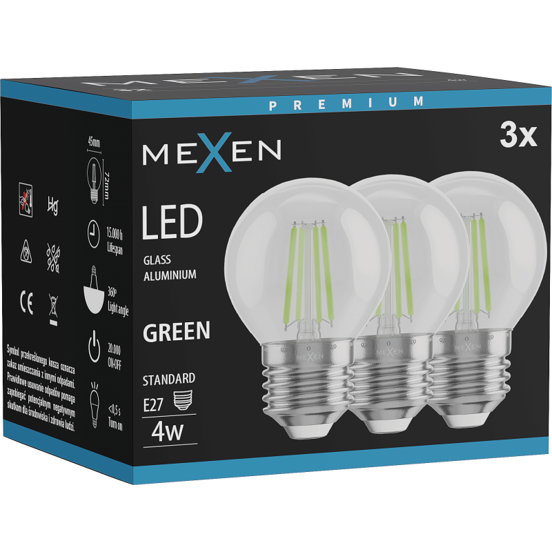 Mexen Vintis 3x LED gijų lemputė E27, G45, 4W, 55 lm, žalia - L156-E27-04XX-46x03