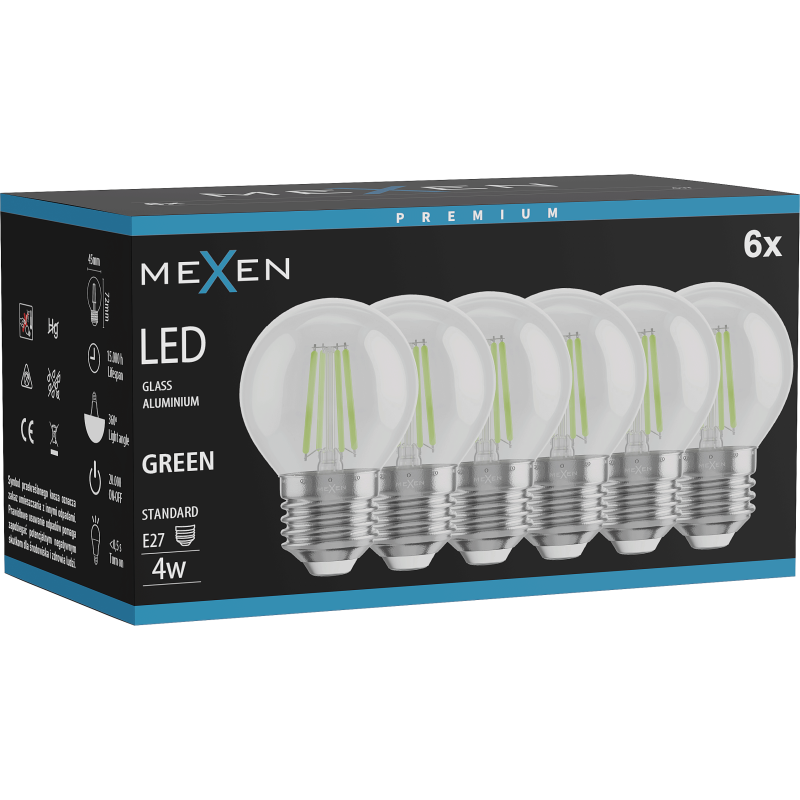Mexen Vintis 6x LED siūlų lemputė E27, G45, 4W, 55 lm, žalia - L156-E27-04XX-46x06