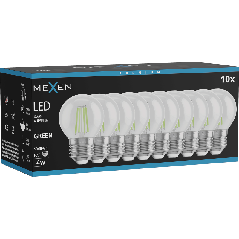 Mexen Vintis 10x LED filamentinė lemputė E27, G45, 4W, 55 lm, žalia - L156-E27-04XX-46x10