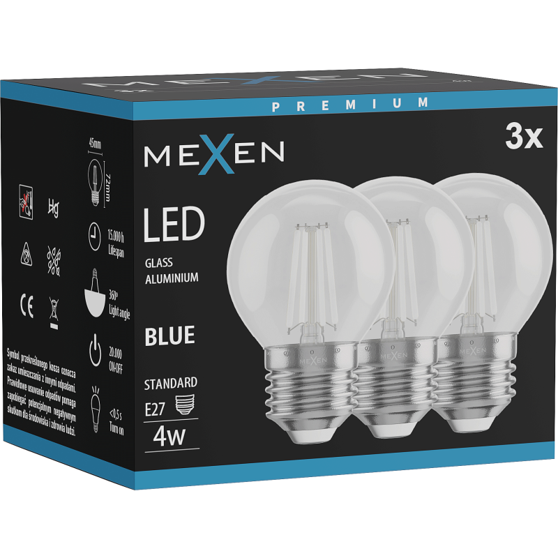 Mexen Vintis 3x LED gijų lemputė E27, G45, 4W, 55 lm, mėlyna - L156-E27-04XX-47x03