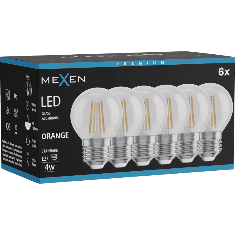 Mexen Vintis 6x LED filamentinė lemputė E27, G45, 4W, 55 lm, oranžinė - L156-E27-04XX-48x06
