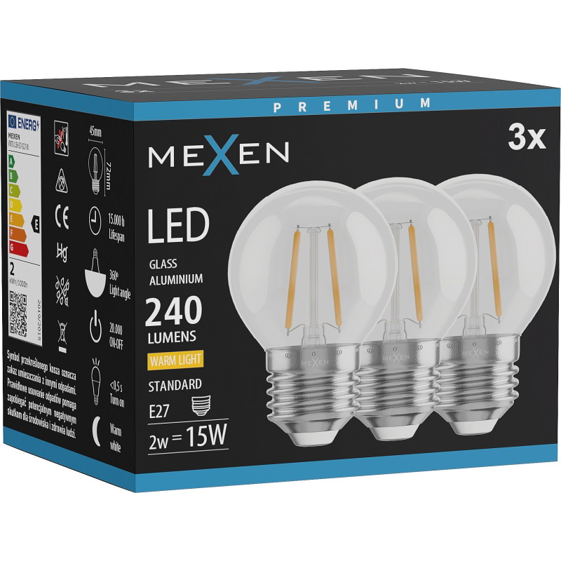Mexen Vintis 3x LED gijų lemputė E27, G45, 2W, Šilta - 2700K, 240 lm, skaidri - L156-E27-0227-00x03