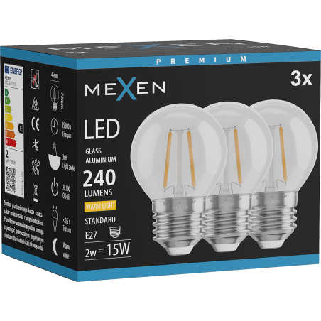 Mexen Vintis 3x LED gijų lemputė E27, G45, 2W, Šilta - 2700K, 240 lm, skaidri - L156-E27-0227-00x03