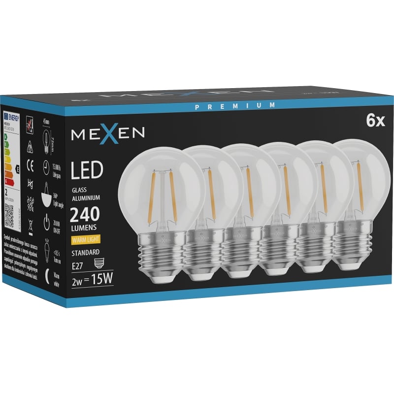 Mexen Vintis 6x LED kaitrinė E27, G45, 2W, Šilta - 2700K, 240 lm, skaidri - L156-E27-0227-00x06