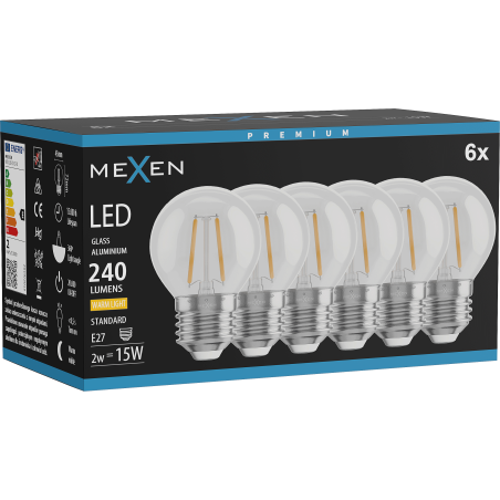 Mexen Vintis 6x LED kaitrinė E27, G45, 2W, Šilta - 2700K, 240 lm, skaidri - L156-E27-0227-00x06