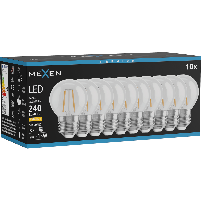 Mexen Vintis 10x LED kaitinamoji lemputė E27, G45, 2W, Šilta - 2700K, 240 lm, skaidri - L156-E14-0227-00x10