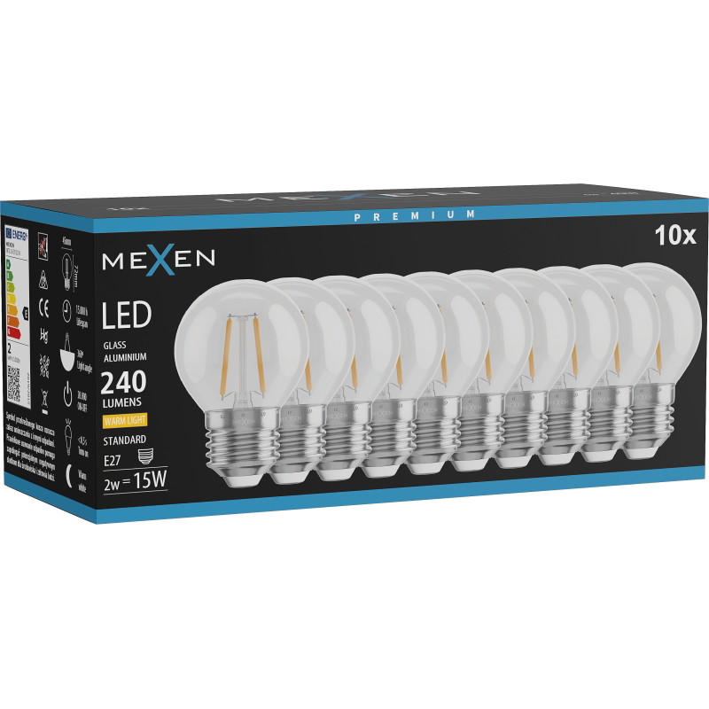Mexen Vintis 10x LED siūlelio lemputė E27, G45, 2W, Šilta - 2700K, 240 lm, skaidri - L156-E27-0227-00x10