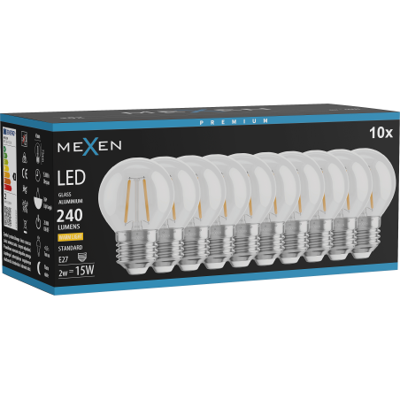 Mexen Vintis 10x LED siūlelio lemputė E27, G45, 2W, Šilta - 2700K, 240 lm, skaidri - L156-E27-0227-00x10