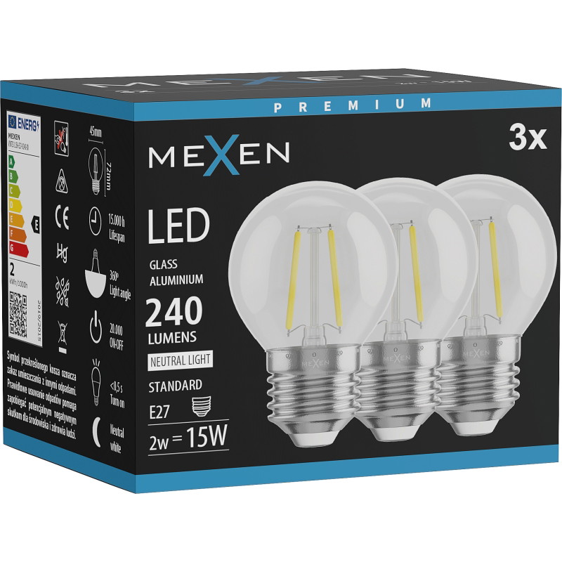 Mexen Vintis 3x LED filamentinė lemputė E27, G45, 2W, Neutrali - 4000K, 240 lm, skaidri - L156-E27-0227-00x03