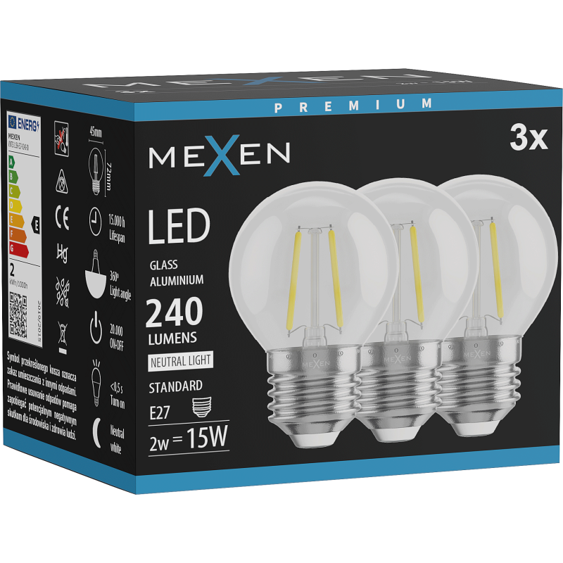 Mexen Vintis 3x LED filamentinė lemputė E27, G45, 2W, Neutralus - 4000K, 240 lm, skaidri - L156-E14-0227-00x03
