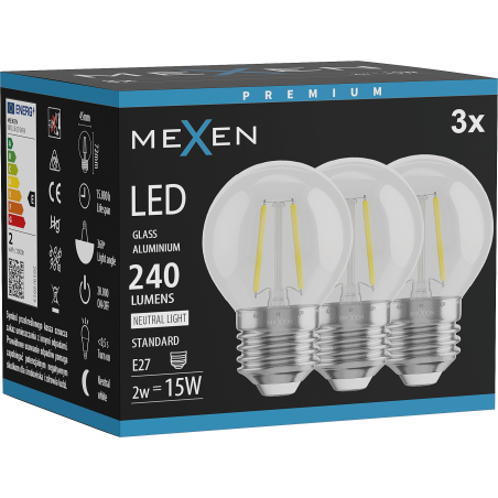 Mexen Vintis 3x LED filamentinė lemputė E27, G45, 2W, Neutrali - 4000K, 240 lm, skaidri - L156-E27-0227-00x03