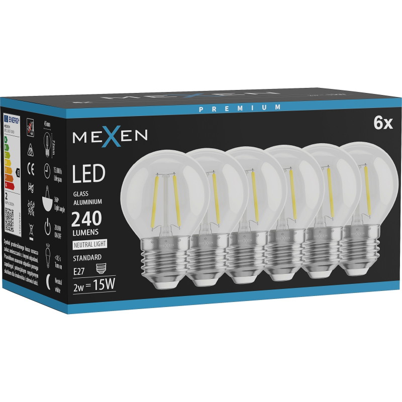 Mexen Vintis 6x LED gijų lemputė E27, G45, 2W, Neutralus - 4000K, 240 lm, skaidrus - L156-E27-0227-00x06 - L156-E27-0240-00x06