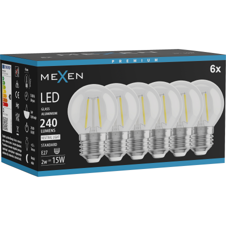 Mexen Vintis 6x LED gijų lemputė E27, G45, 2W, Neutralus - 4000K, 240 lm, skaidrus - L156-E27-0227-00x06 - L156-E27-0240-00x06
