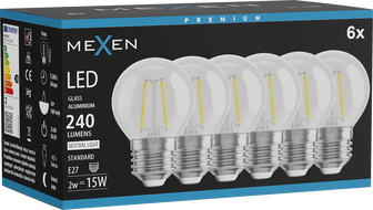 Mexen Vintis 6x LED gijų lemputė E27, G45, 2W, Neutralus - 4000K, 240 lm, skaidrus - L156-E27-0227-00x06 - L156-E27-0240-00x06